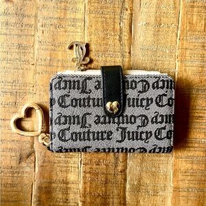 Juicy Couture Black & White Logo Zip Card Wallet with Gold Heart Charm